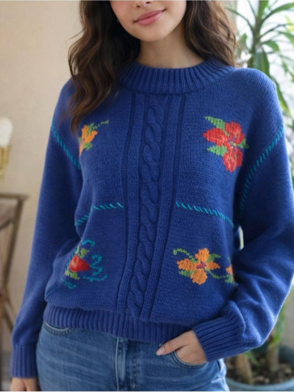 American Vintage Royal Blue Floral Crewneck Sweater